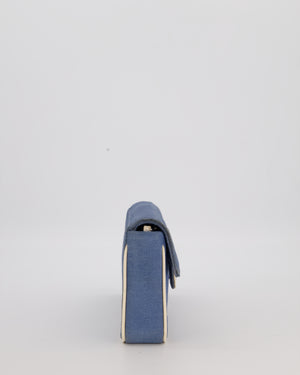 Chanel Vintage East West Chocolate Bar Flap Bag in Denim Blue Canvas with White Trim Patent Leather and Silver Hardware
