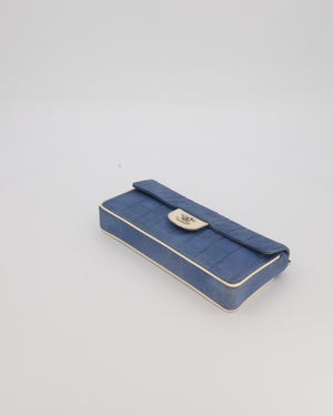 Chanel Vintage East West Chocolate Bar Flap Bag in Denim Blue Canvas with White Trim Patent Leather and Silver Hardware