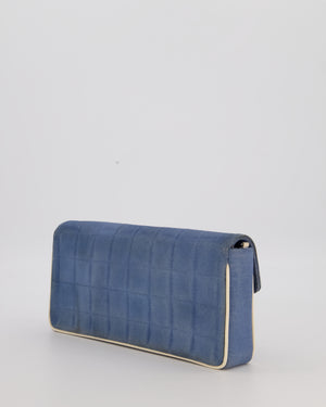 Chanel Vintage East West Chocolate Bar Flap Bag in Denim Blue Canvas with White Trim Patent Leather and Silver Hardware