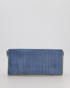 Chanel Vintage East West Chocolate Bar Flap Bag in Denim Blue Canvas with White Trim Patent Leather and Silver Hardware