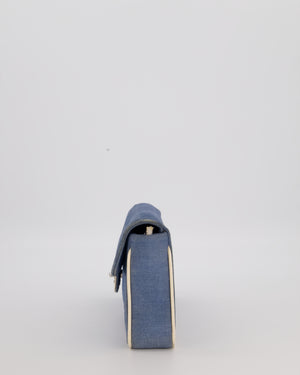 Chanel Vintage East West Chocolate Bar Flap Bag in Denim Blue Canvas with White Trim Patent Leather and Silver Hardware