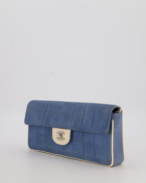 Chanel Vintage East West Chocolate Bar Flap Bag in Denim Blue Canvas with White Trim Patent Leather and Silver Hardware