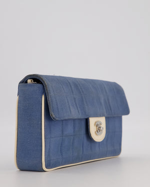 Chanel Vintage East West Chocolate Bar Flap Bag in Denim Blue Canvas with White Trim Patent Leather and Silver Hardware
