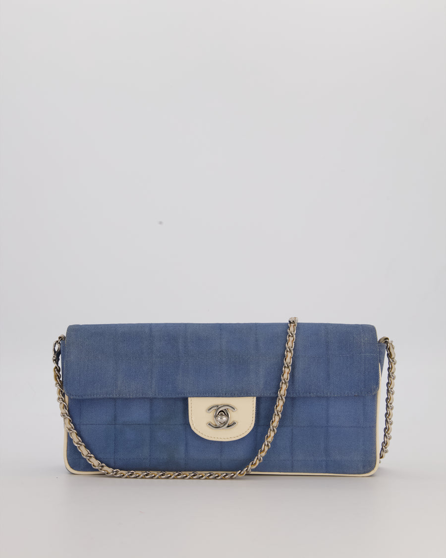 Chanel Vintage East West Chocolate Bar Flap Bag in Denim Blue Canvas with White Trim Patent Leather and Silver Hardware