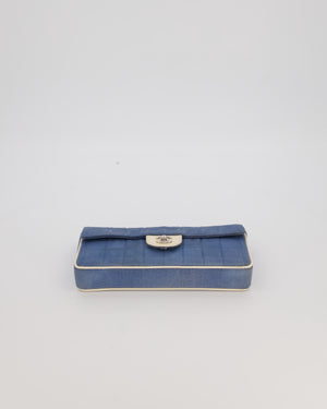Chanel Vintage East West Chocolate Bar Flap Bag in Denim Blue Canvas with White Trim Patent Leather and Silver Hardware