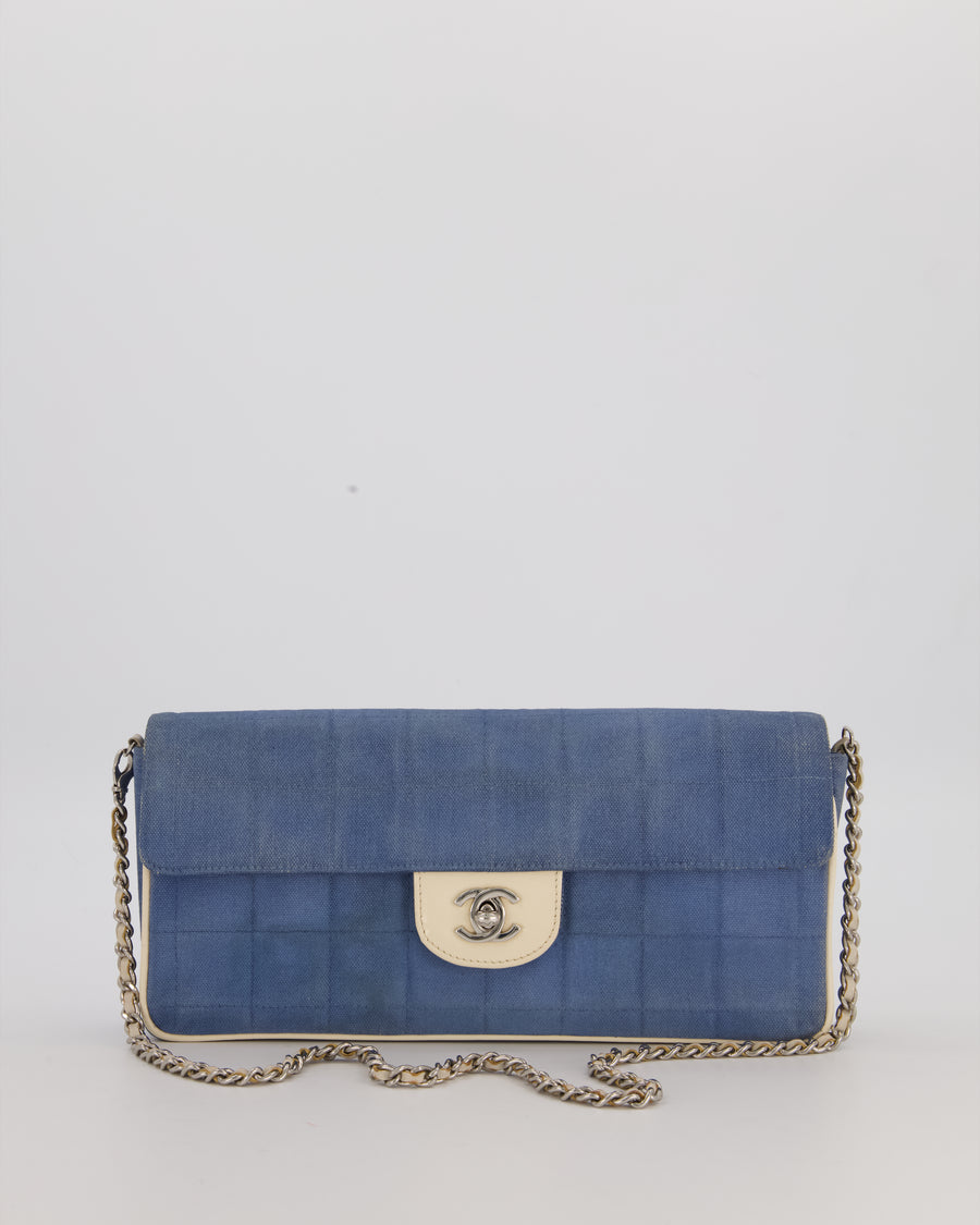 Chanel Vintage East West Chocolate Bar Flap Bag in Denim Blue Canvas with White Trim Patent Leather and Silver Hardware