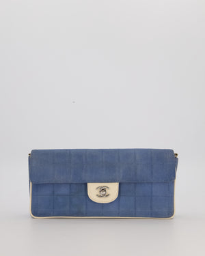 Chanel Vintage East West Chocolate Bar Flap Bag in Denim Blue Canvas with White Trim Patent Leather and Silver Hardware