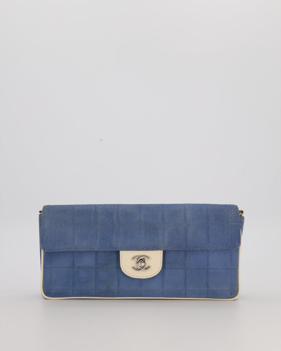 Chanel Vintage East West Chocolate Bar Flap Bag in Denim Blue Canvas with White Trim Patent Leather and Silver Hardware