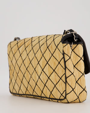 Chanel Vintage Beige Quilted Raffia Single Flap Bag in Black Lambskin Leather Trim with Brushed Gold Hardware