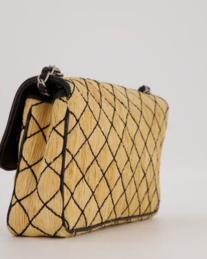 Chanel Vintage Beige Quilted Raffia Single Flap Bag in Black Lambskin Leather Trim with Brushed Gold Hardware