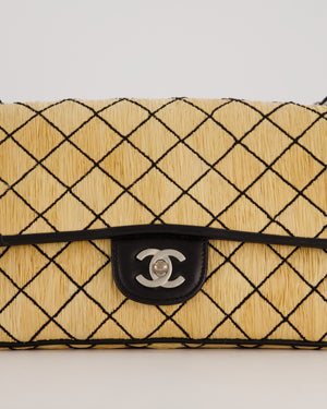 Chanel Vintage Beige Quilted Raffia Single Flap Bag in Black Lambskin Leather Trim with Brushed Gold Hardware