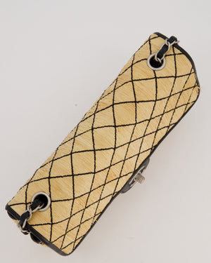 Chanel Vintage Beige Quilted Raffia Single Flap Bag in Black Lambskin Leather Trim with Brushed Gold Hardware