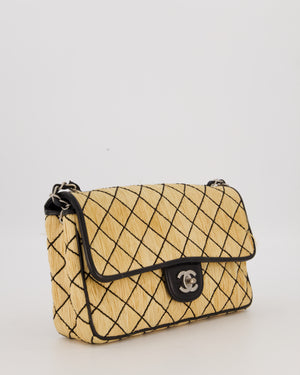 Chanel Vintage Beige Quilted Raffia Single Flap Bag in Black Lambskin Leather Trim with Brushed Gold Hardware