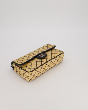 Chanel Vintage Beige Quilted Raffia Single Flap Bag in Black Lambskin Leather Trim with Brushed Gold Hardware