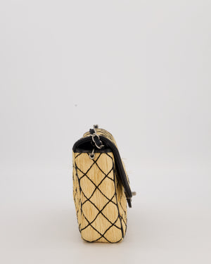 Chanel Vintage Beige Quilted Raffia Single Flap Bag in Black Lambskin Leather Trim with Brushed Gold Hardware