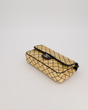 Chanel Vintage Beige Quilted Raffia Single Flap Bag in Black Lambskin Leather Trim with Brushed Gold Hardware