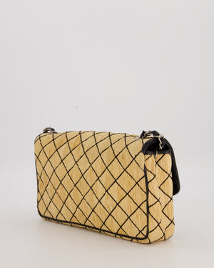 Chanel Vintage Beige Quilted Raffia Single Flap Bag in Black Lambskin Leather Trim with Brushed Gold Hardware