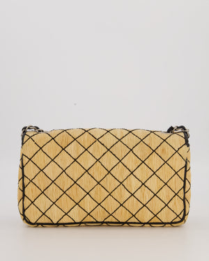 Chanel Vintage Beige Quilted Raffia Single Flap Bag in Black Lambskin Leather Trim with Brushed Gold Hardware