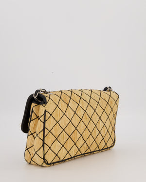 Chanel Vintage Beige Quilted Raffia Single Flap Bag in Black Lambskin Leather Trim with Brushed Gold Hardware
