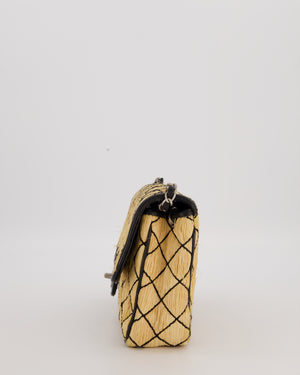 Chanel Vintage Beige Quilted Raffia Single Flap Bag in Black Lambskin Leather Trim with Brushed Gold Hardware