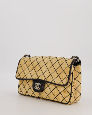 Chanel Vintage Beige Quilted Raffia Single Flap Bag in Black Lambskin Leather Trim with Brushed Gold Hardware