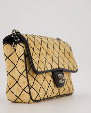 Chanel Vintage Beige Quilted Raffia Single Flap Bag in Black Lambskin Leather Trim with Brushed Gold Hardware