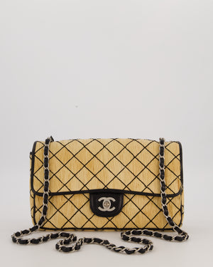 Chanel Vintage Beige Quilted Raffia Single Flap Bag in Black Lambskin Leather Trim with Brushed Gold Hardware