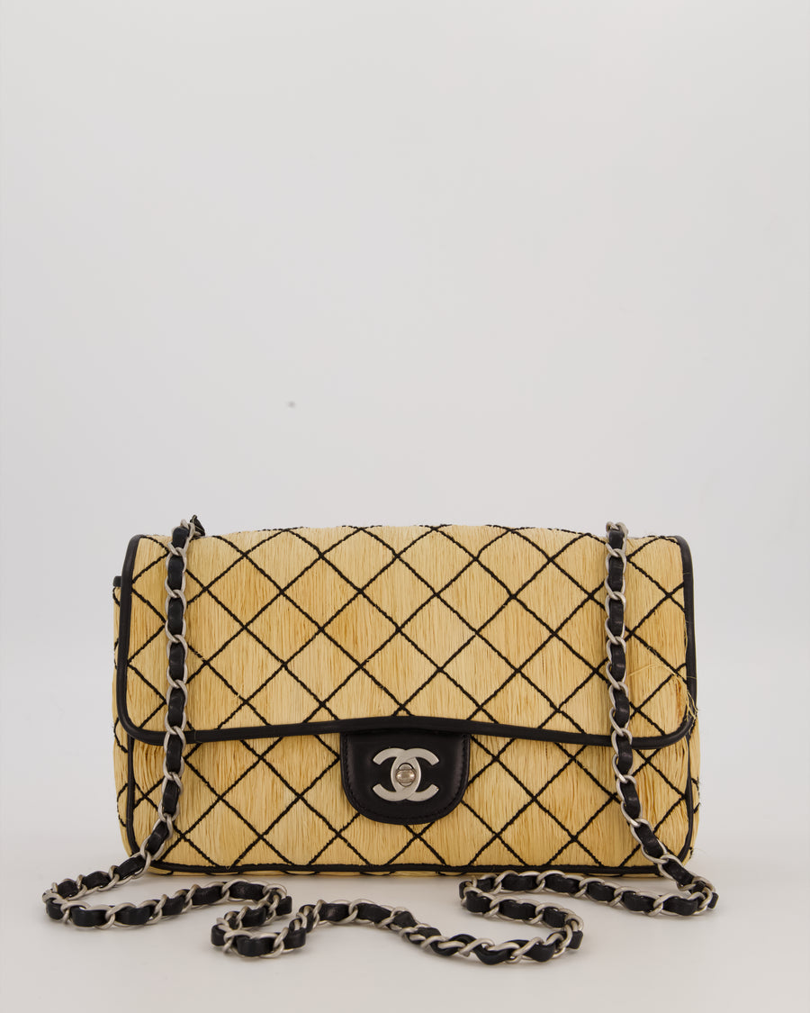 Chanel Vintage Beige Quilted Raffia Single Flap Bag in Black Lambskin Leather Trim with Brushed Gold Hardware