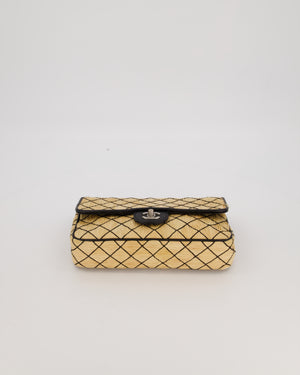 Chanel Vintage Beige Quilted Raffia Single Flap Bag in Black Lambskin Leather Trim with Brushed Gold Hardware