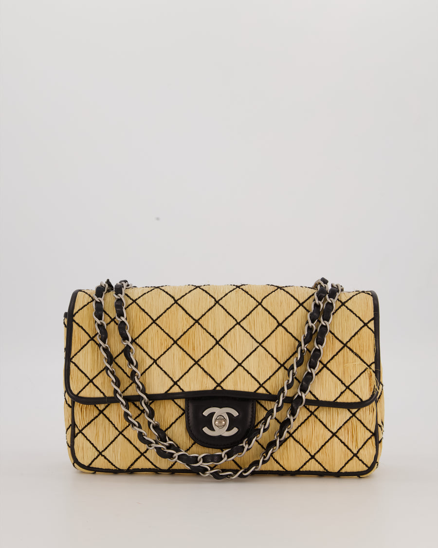 Chanel Vintage Beige Quilted Raffia Single Flap Bag in Black Lambskin Leather Trim with Brushed Gold Hardware