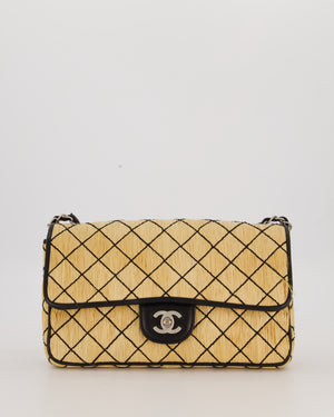 Chanel Vintage Beige Quilted Raffia Single Flap Bag in Black Lambskin Leather Trim with Brushed Gold Hardware