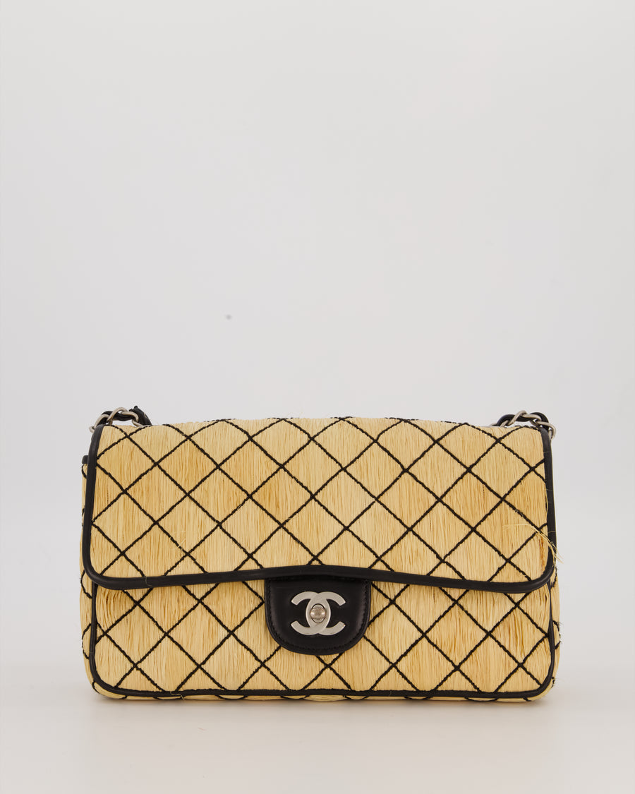 Chanel Vintage Beige Quilted Raffia Single Flap Bag in Black Lambskin Leather Trim with Brushed Gold Hardware