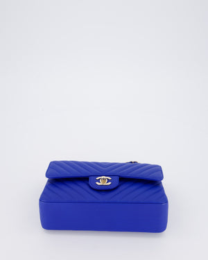 *RARE* Chanel Electric Blue Small Classic Double Flap Bag in Chevron Caviar Leather with Champagne Gold Hardware