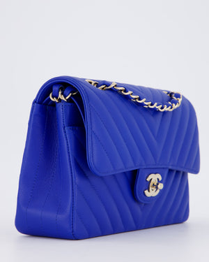 *RARE* Chanel Electric Blue Small Classic Double Flap Bag in Chevron Caviar Leather with Champagne Gold Hardware