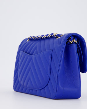 *RARE* Chanel Electric Blue Small Classic Double Flap Bag in Chevron Caviar Leather with Champagne Gold Hardware