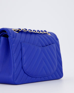*RARE* Chanel Electric Blue Small Classic Double Flap Bag in Chevron Caviar Leather with Champagne Gold Hardware
