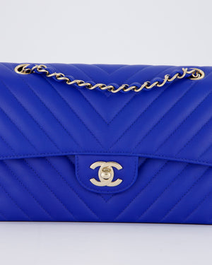 *RARE* Chanel Electric Blue Small Classic Double Flap Bag in Chevron Caviar Leather with Champagne Gold Hardware