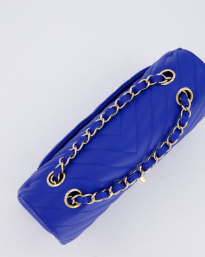 *RARE* Chanel Electric Blue Small Classic Double Flap Bag in Chevron Caviar Leather with Champagne Gold Hardware