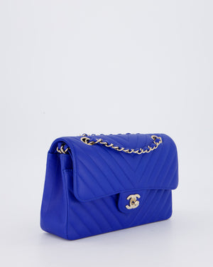 *RARE* Chanel Electric Blue Small Classic Double Flap Bag in Chevron Caviar Leather with Champagne Gold Hardware