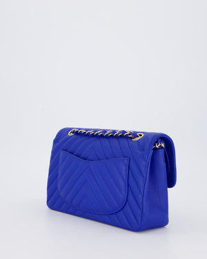 *RARE* Chanel Electric Blue Small Classic Double Flap Bag in Chevron Caviar Leather with Champagne Gold Hardware