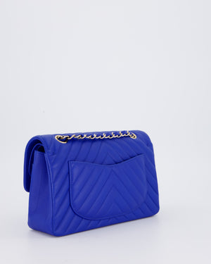 *RARE* Chanel Electric Blue Small Classic Double Flap Bag in Chevron Caviar Leather with Champagne Gold Hardware
