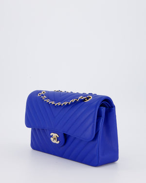 *RARE* Chanel Electric Blue Small Classic Double Flap Bag in Chevron Caviar Leather with Champagne Gold Hardware