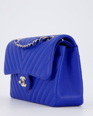*RARE* Chanel Electric Blue Small Classic Double Flap Bag in Chevron Caviar Leather with Champagne Gold Hardware