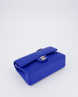 *RARE* Chanel Electric Blue Small Classic Double Flap Bag in Chevron Caviar Leather with Champagne Gold Hardware