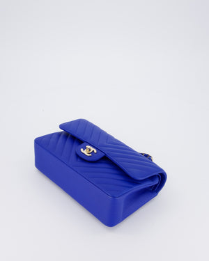 *RARE* Chanel Electric Blue Small Classic Double Flap Bag in Chevron Caviar Leather with Champagne Gold Hardware