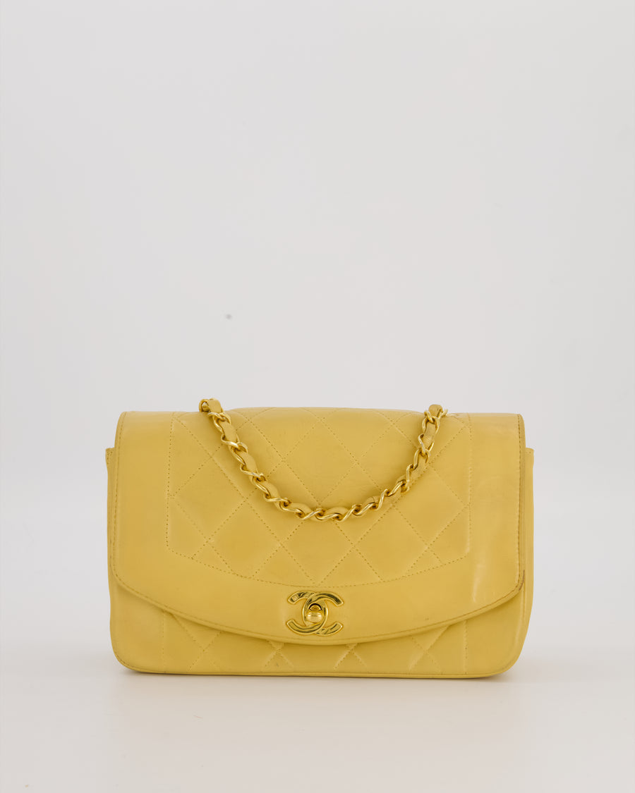 *RARE* Chanel Yellow Vintage Small Diana Flap Bag in Beige Lambskin Leather with 24K Gold Hardware