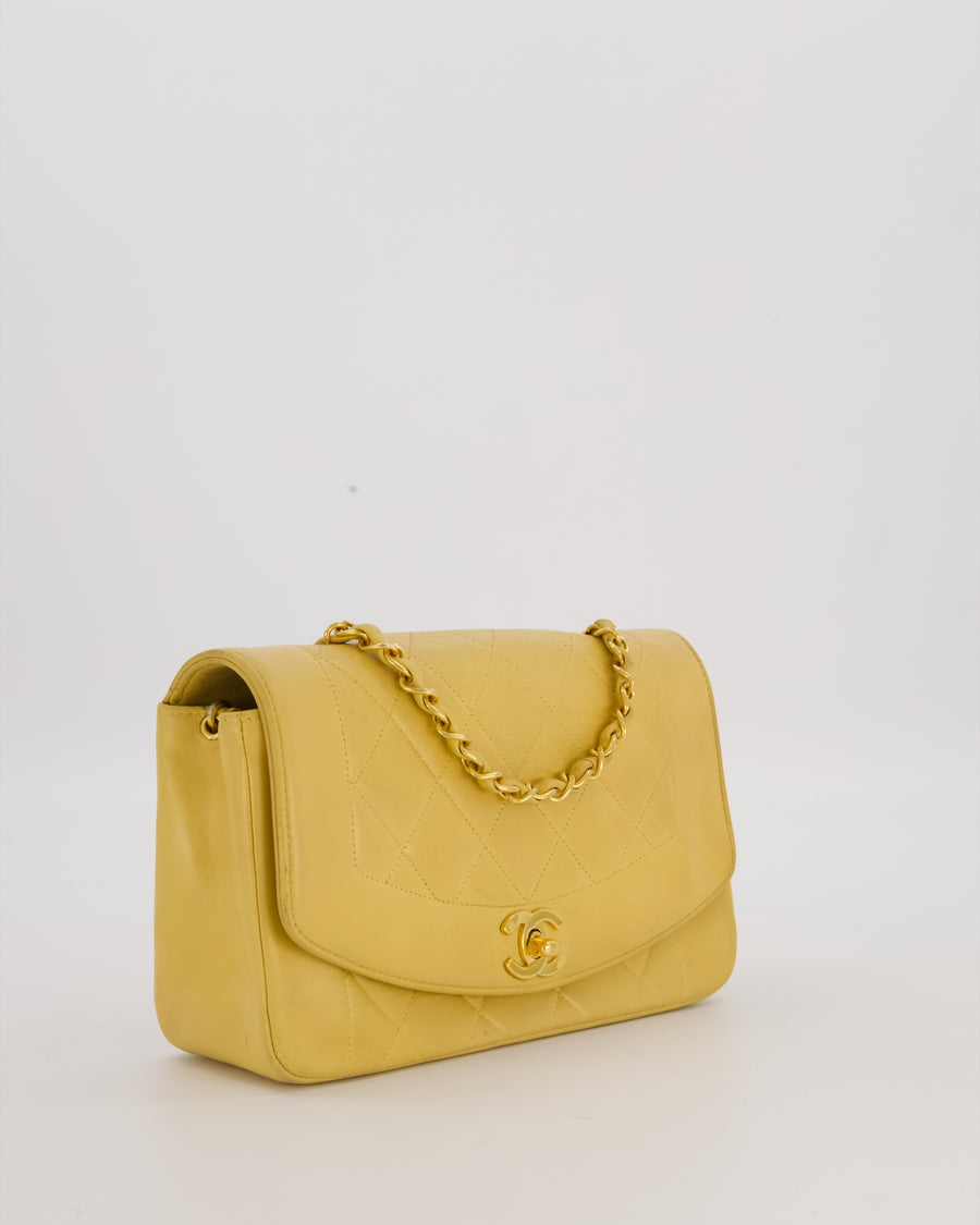 *RARE* Chanel Yellow Vintage Small Diana Flap Bag in Beige Lambskin Leather with 24K Gold Hardware