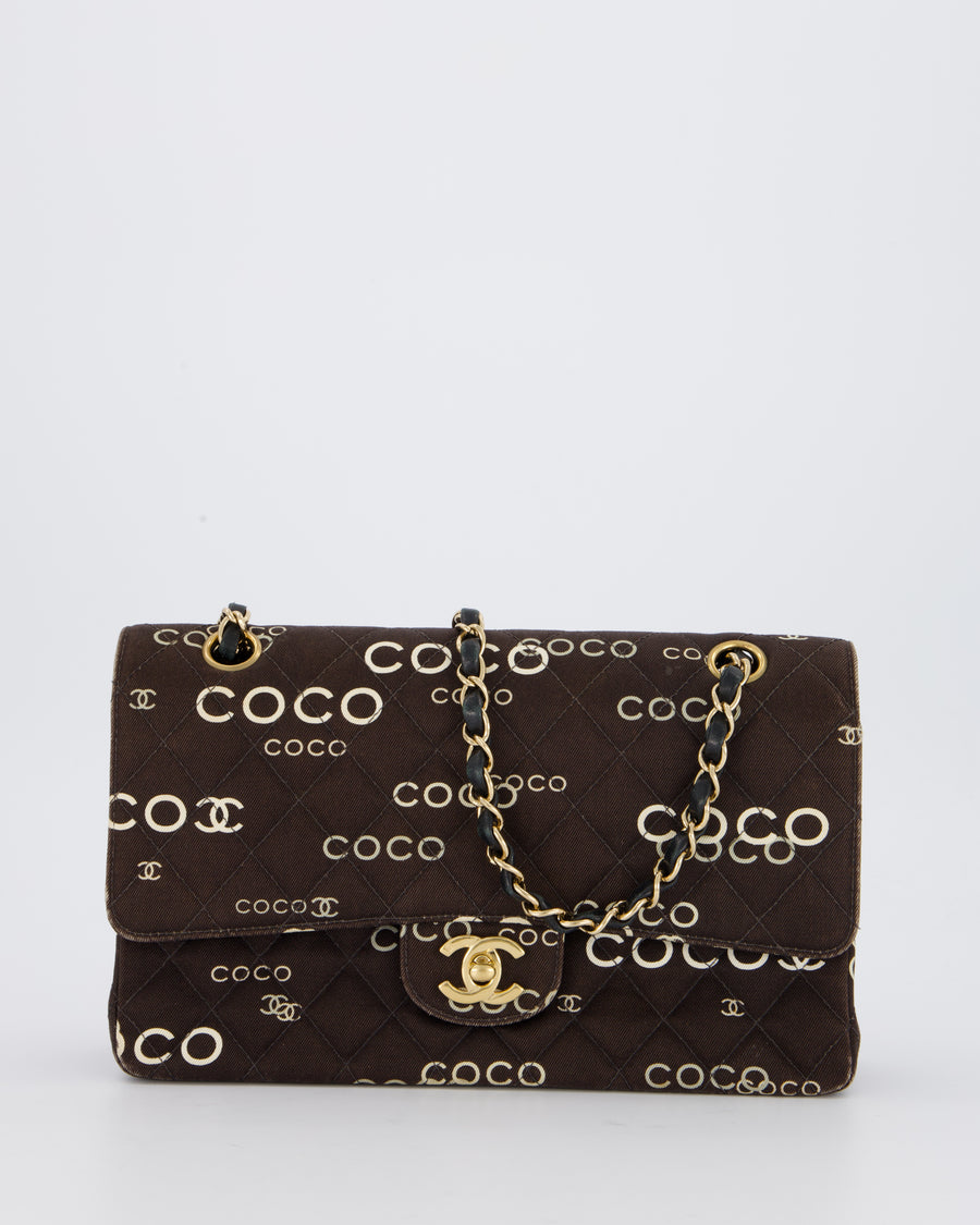 Chanel Vintage Black Medium Double Flap Bag in Canvas Coco Logo Detail with 24K Gold Hardware