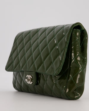 Chanel Olive Green Patent Shoulder Classic Single Flap Clutch Bag with Silver Hardware