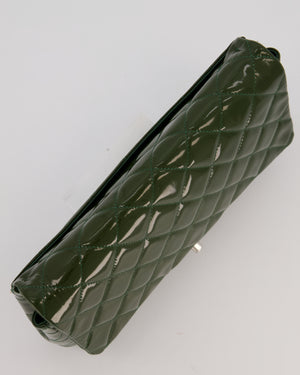 Chanel Olive Green Patent Shoulder Classic Single Flap Clutch Bag with Silver Hardware